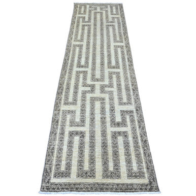 Tribal & Geometric Wool Hand Knotted Rug Brown 2.7x9.5 -O020940
