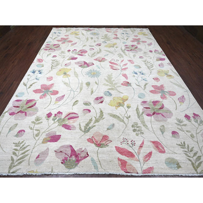 Modern and Contemporary Wool Hand Knotted Rug Ivory 9.0x11.9 -O020993