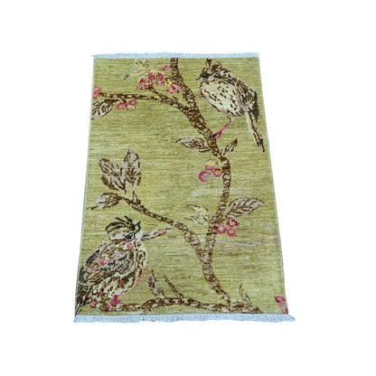 Modern and Contemporary Wool Hand Knotted Rug Green 1.10x3.0 -O021014