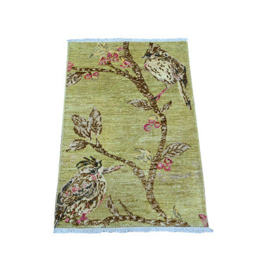 Modern and Contemporary Wool Hand Knotted Rug Green 1.10x3.0 -O021014