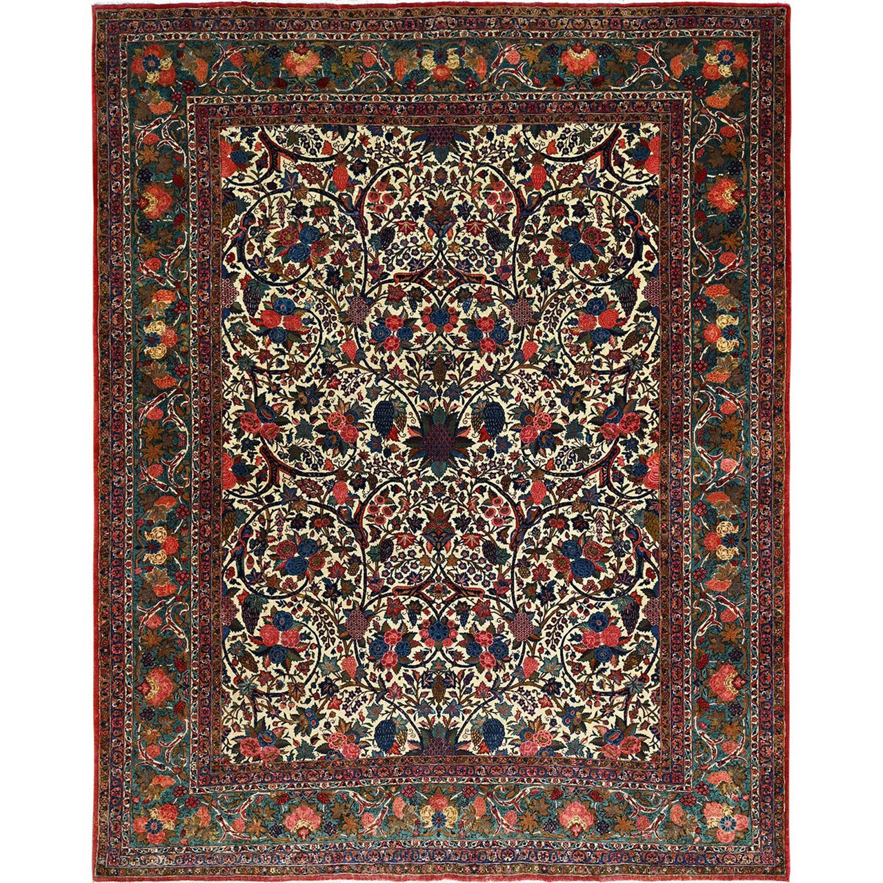 Antique Wool Hand Knotted Rug Ivory Blue 10.3X13.5 -O0213
