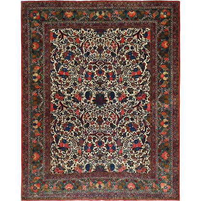 Antique Wool Hand Knotted Rug Ivory Blue 10.3X13.5 -O0213