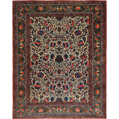 Antique Wool Hand Knotted Rug Ivory Blue 10.3X13.5 -O0213