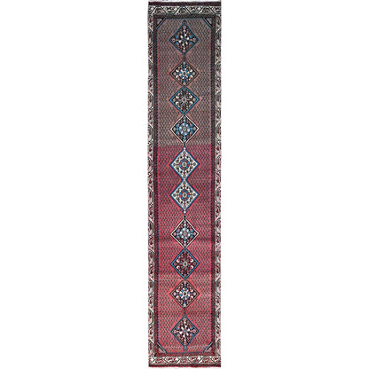 Overdyed & Vintage Wool Hand Knotted Rug Red Ivory 2.6X12.9 -O0216