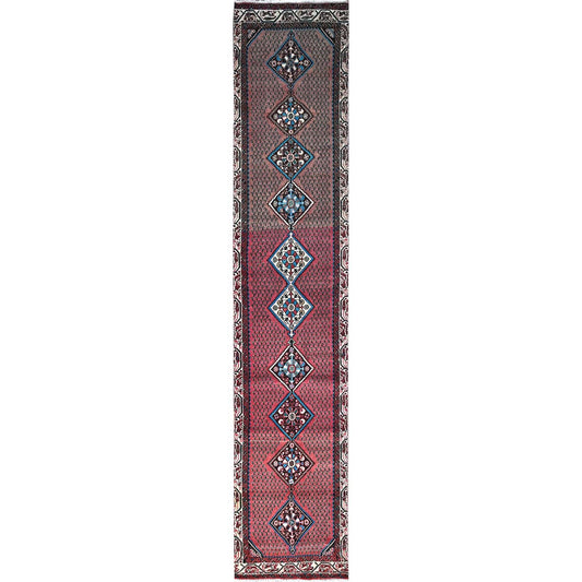 Overdyed & Vintage Wool Hand Knotted Rug Red Ivory 2.6X12.9 -O0216