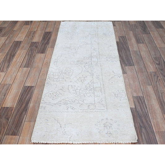 Overdyed & Vintage Wool Hand Knotted Rug Ivory No Border 2.1X5.9 -O0221