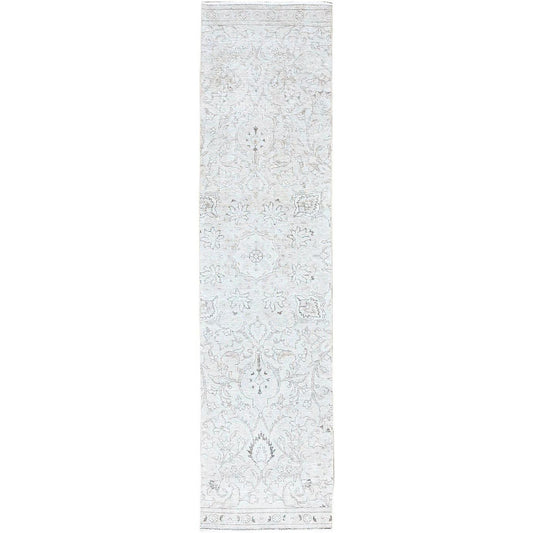 Overdyed & Vintage Wool Hand Knotted Rug Ivory No Border 2.6X10.0 -O0222