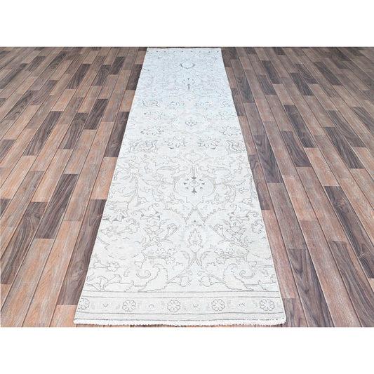 Overdyed & Vintage Wool Hand Knotted Rug Ivory No Border 2.6X10.0 -O0222