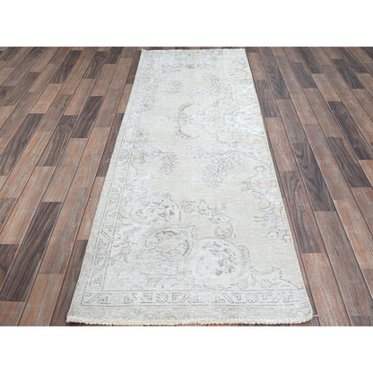 Overdyed & Vintage Wool Hand Knotted Rug Ivory No Border 2.6X7.6 -O0224