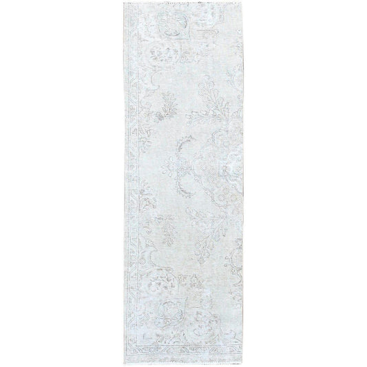 Overdyed & Vintage Wool Hand Knotted Rug Ivory No Border 2.5X7.6 -O0230