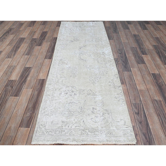 Overdyed & Vintage Wool Hand Knotted Rug Ivory No Border 2.5X7.6 -O0230