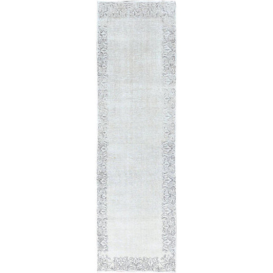 Overdyed & Vintage Wool Hand Knotted Rug Ivory No Border 2.9X10.0 -O0233