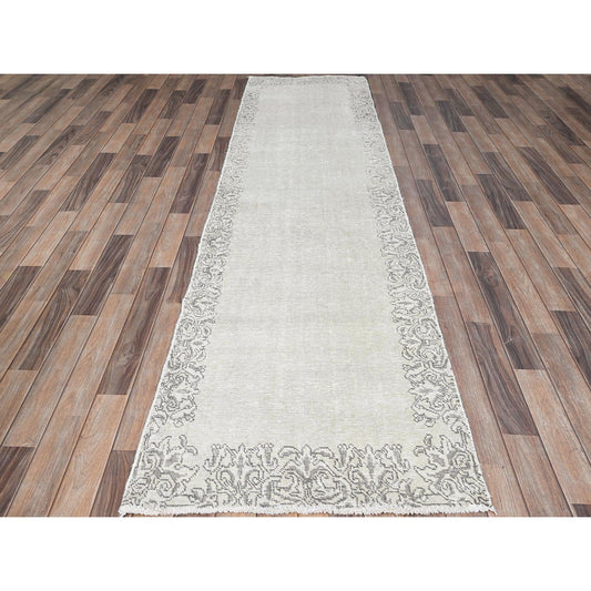 Overdyed & Vintage Wool Hand Knotted Rug Ivory No Border 2.9X10.0 -O0233