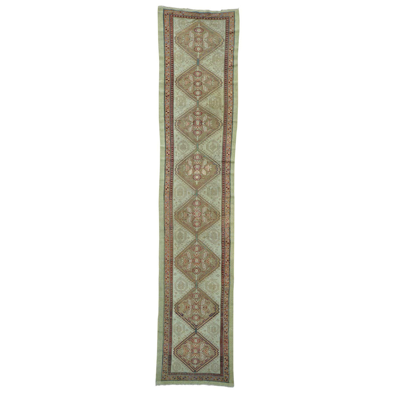 Antique Wool Hand Knotted Rug Green Light Brown 3.1X14.3 -O026424