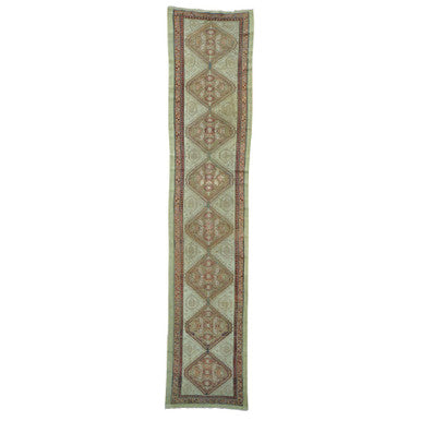 Antique Wool Hand Knotted Rug Green Light Brown 3.1X14.3 -O026424