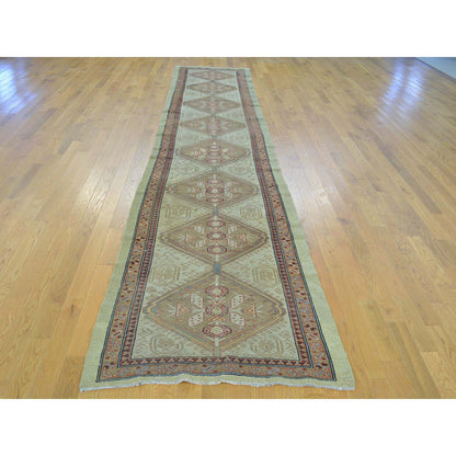 Antique Wool Hand Knotted Rug Green Light Brown 3.1X14.3 -O026424