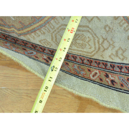 Antique Wool Hand Knotted Rug Green Light Brown 3.1X14.3 -O026424