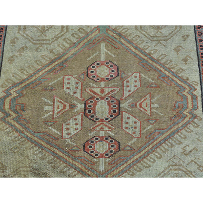 Antique Wool Hand Knotted Rug Green Light Brown 3.1X14.3 -O026424