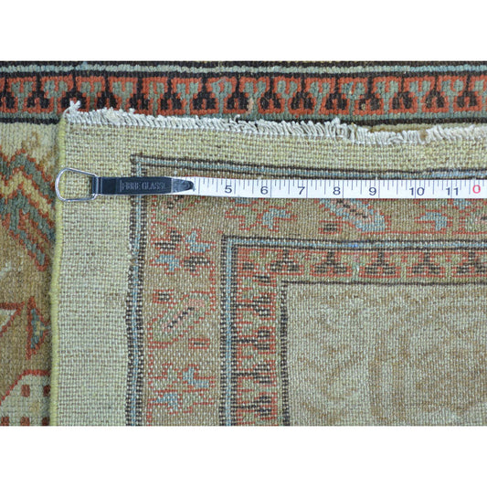 Antique Wool Hand Knotted Rug Green Light Brown 3.1X14.3 -O026424