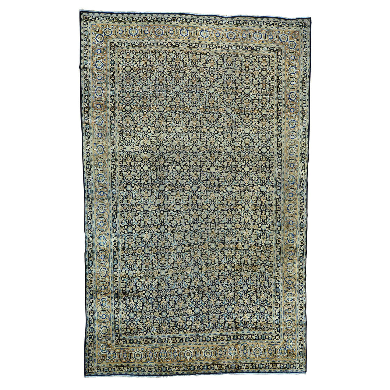 Antique Wool Hand Knotted Rug Blue Gold 10.10X17.0 -O026426