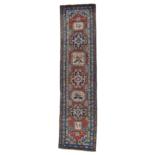 Antique Wool Hand Knotted Rug Red Denim Blue 3.7X14.2 -O027175