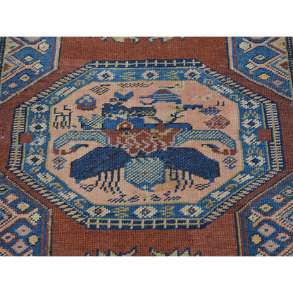 Antique Wool Hand Knotted Rug Red Denim Blue 3.7X14.2 -O027175