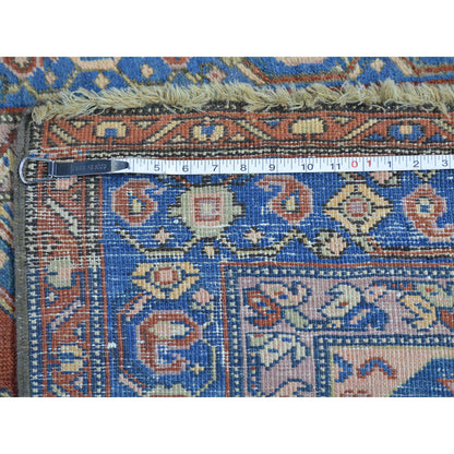 Antique Wool Hand Knotted Rug Red Denim Blue 3.7X14.2 -O027175
