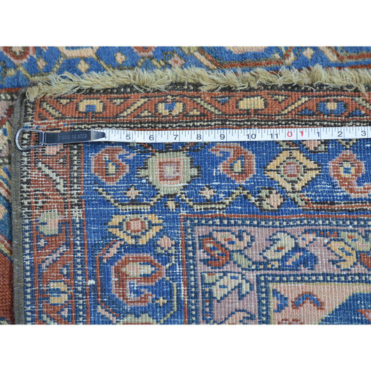 Antique Wool Hand Knotted Rug Red Denim Blue 3.7X14.2 -O027175