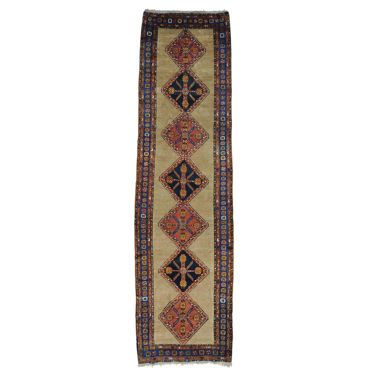 Antique Wool Hand Knotted Rug Brown Denim Blue 3.9X14.4 -O027177