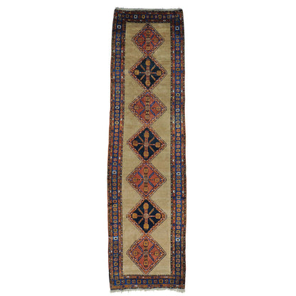 Antique Wool Hand Knotted Rug Brown Denim Blue 3.9X14.4 -O027177