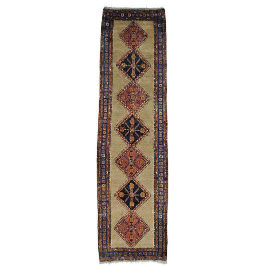 Antique Wool Hand Knotted Rug Brown Denim Blue 3.9X14.4 -O027177