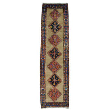 Antique Wool Hand Knotted Rug Brown Denim Blue 3.9X14.4 -O027177