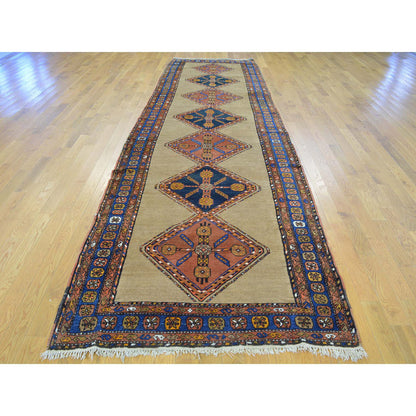 Antique Wool Hand Knotted Rug Brown Denim Blue 3.9X14.4 -O027177