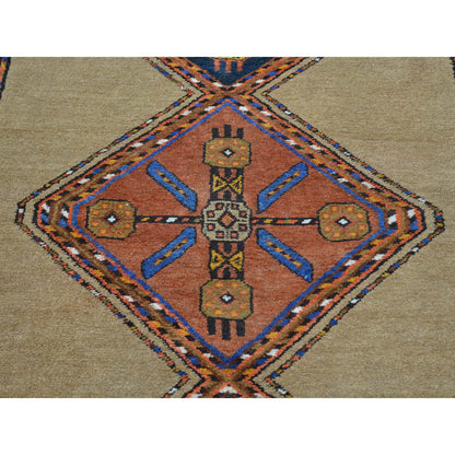 Antique Wool Hand Knotted Rug Brown Denim Blue 3.9X14.4 -O027177