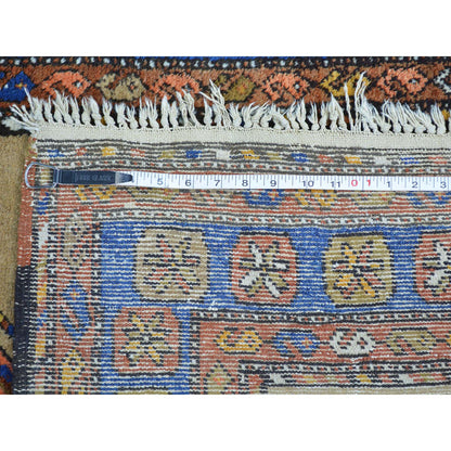 Antique Wool Hand Knotted Rug Brown Denim Blue 3.9X14.4 -O027177