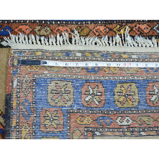 Antique Wool Hand Knotted Rug Brown Denim Blue 3.9X14.4 -O027177
