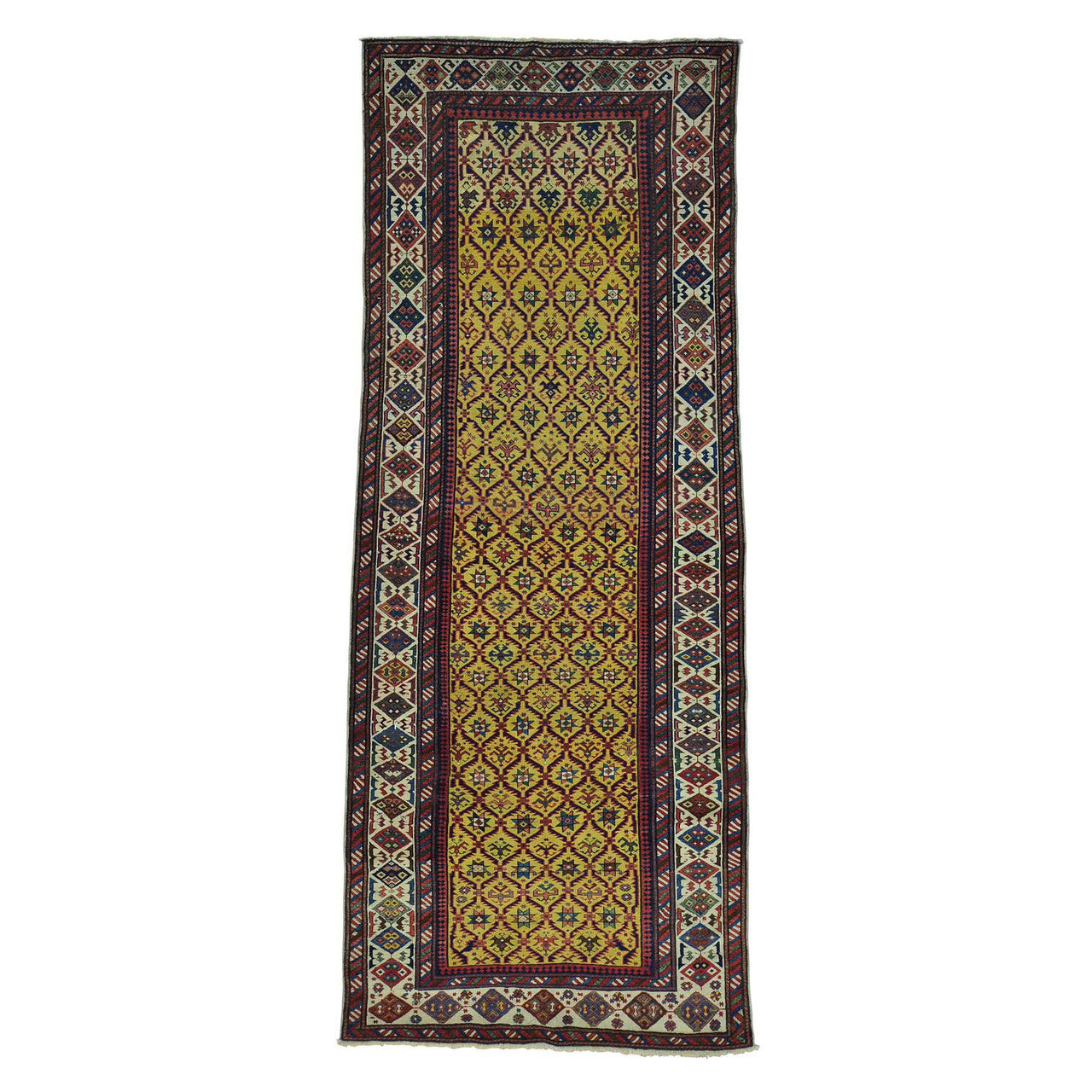 Antique Wool Hand Knotted Rug Yellow Ivory 4.0X9.10 -O028230