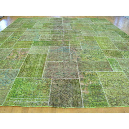 Overdyed & Vintage Wool Hand Knotted Rug Green No Border 13.2X15.8 -O028463