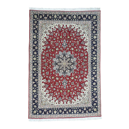Fine Oriental Wool & Silk Hand Knotted Rug Red Navy Blue 6.6X10.0 -O031957