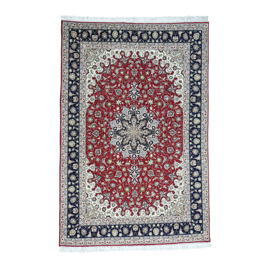 Fine Oriental Wool & Silk Hand Knotted Rug Red Navy Blue 6.6X10.0 -O031957
