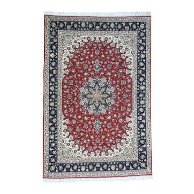 Fine Oriental Wool & Silk Hand Knotted Rug Red Navy Blue 6.6X10.0 -O031957