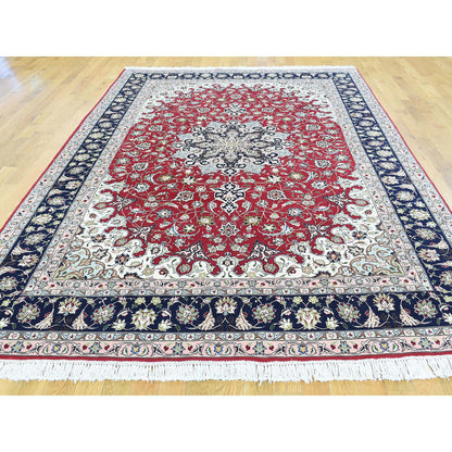 Fine Oriental Wool & Silk Hand Knotted Rug Red Navy Blue 6.6X10.0 -O031957