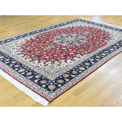 Fine Oriental Wool & Silk Hand Knotted Rug Red Navy Blue 6.6X10.0 -O031957