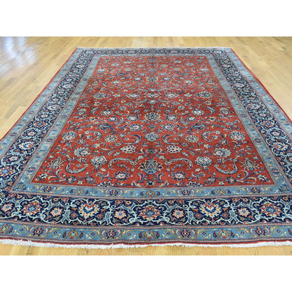 Antique Wool Hand Knotted Rug Red Navy Blue 7.10X11.0 -O032135