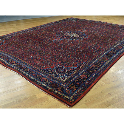 Antique Wool Hand Knotted Rug Red Navy Blue 10.5X13.9 -O032840