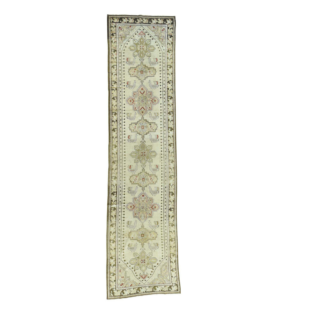 Antique Wool Hand Knotted Rug Green Olive Green 3.8X15.0 -O033178