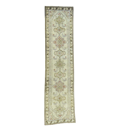Antique Wool Hand Knotted Rug Green Olive Green 3.8X15.0 -O033178