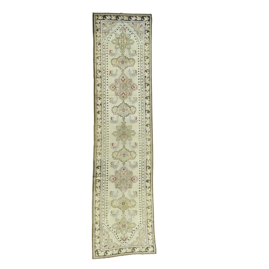 Antique Wool Hand Knotted Rug Green Olive Green 3.8X15.0 -O033178