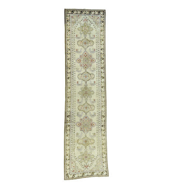 Antique Wool Hand Knotted Rug Green Olive Green 3.8X15.0 -O033178