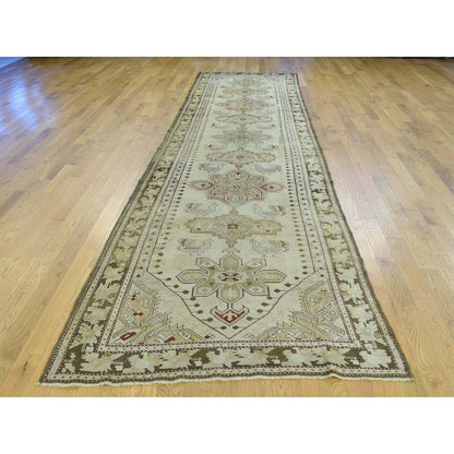 Antique Wool Hand Knotted Rug Green Olive Green 3.8X15.0 -O033178